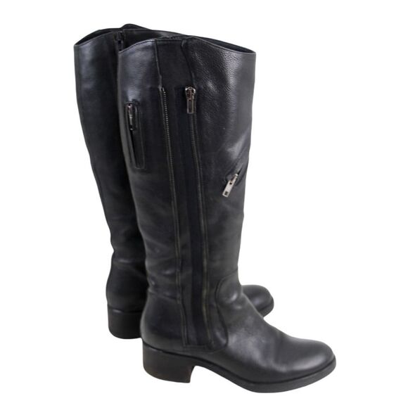 Vera Wang BLACK GENUINE LEATHER TALL MID HEEL RIDING BOOTS MOTO SHOES SIZE 8M - Picture 5 of 11